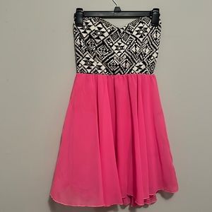 Hot pink and black/white mini strapless dress